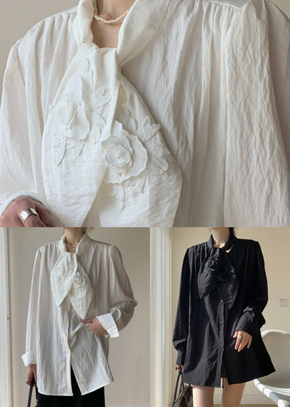 White Bow Button Cotton Blouse Fall