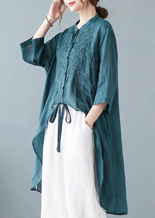Italian Green Asymmetrical Tie Waist Linen Shirts Half Sleeve
