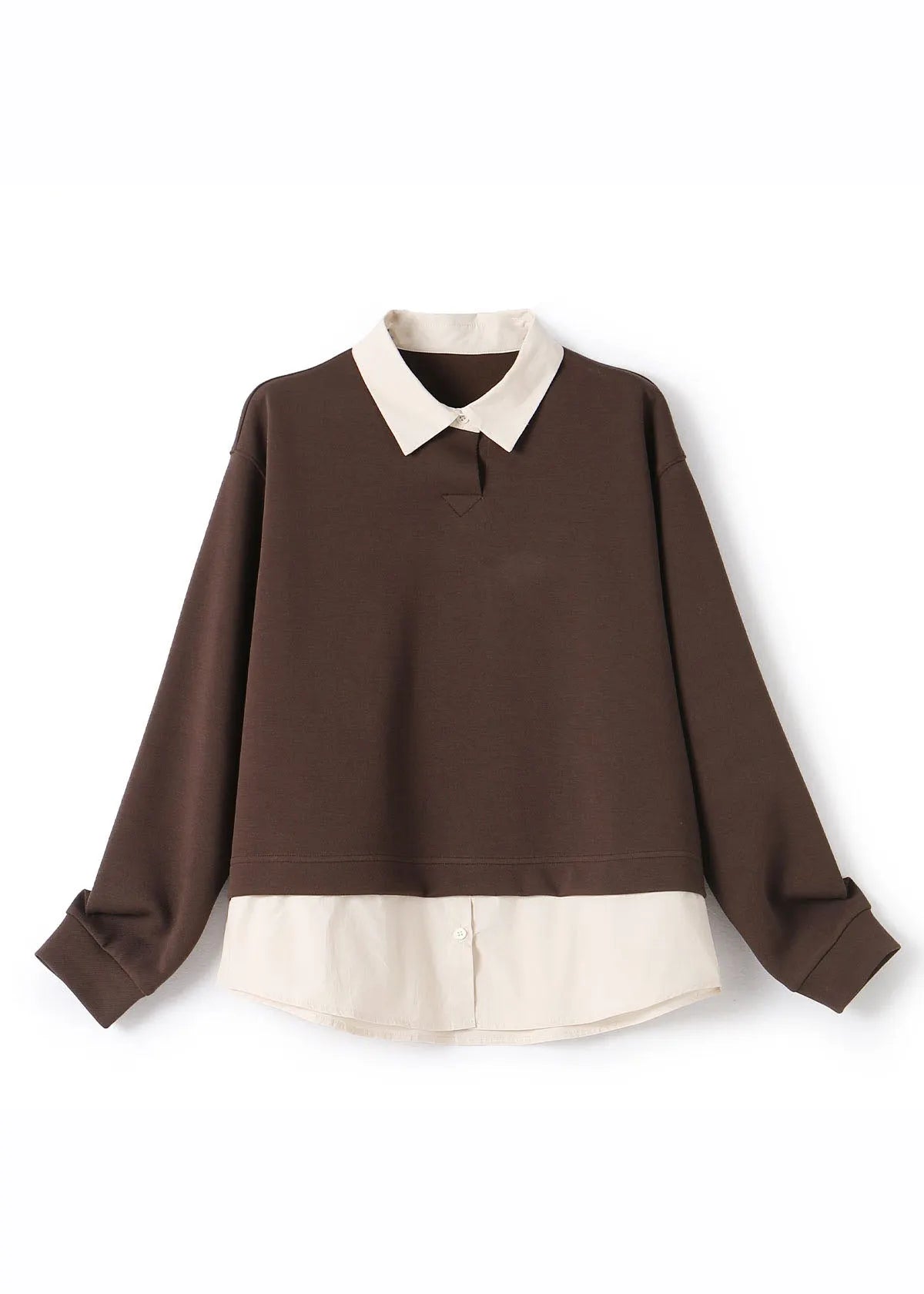 Coffee Peter Pan Collar Patchwork Fake Two Pieces Pullover Long Sleeve