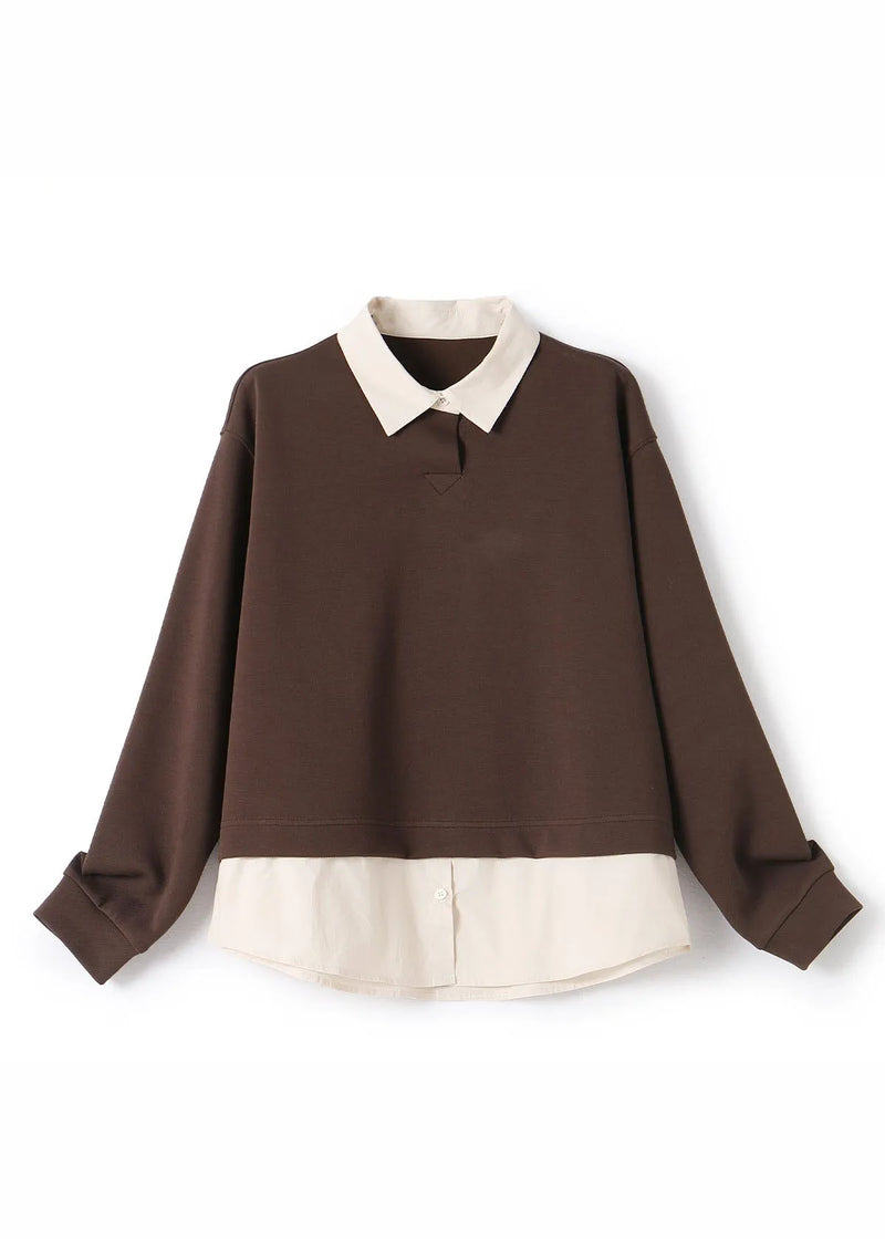 Coffee Peter Pan Collar Patchwork Fake Two Pieces Pullover Long Sleeve