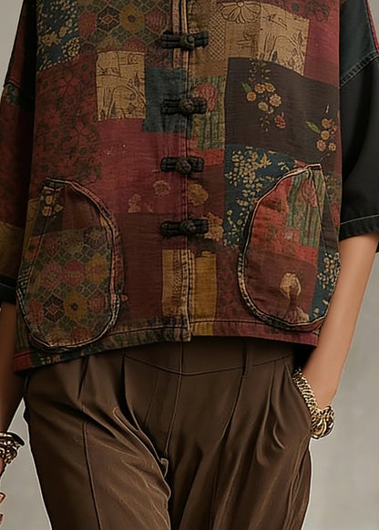 Print Button Patchwork Cotton Coat Long Sleeve