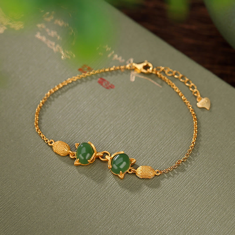 Buddha Stones 925 Sterling Silver Natural Hetian White Jade Cyan Jade Fox Luck Bracelet