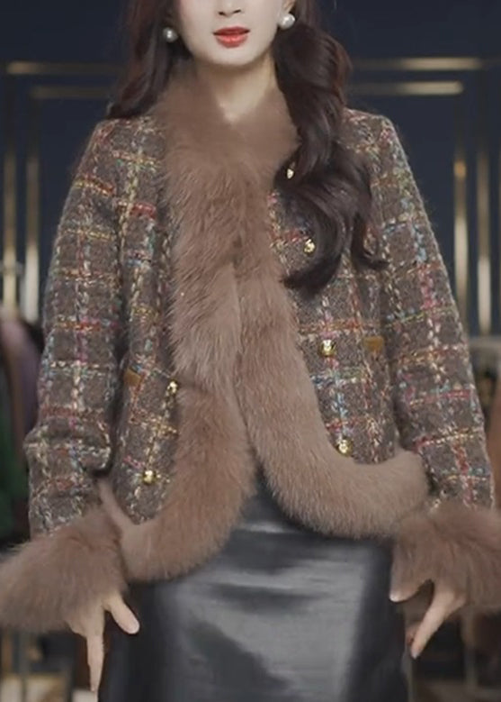Red Fur Collar Plaid Patchwork Woolen Coats Spring