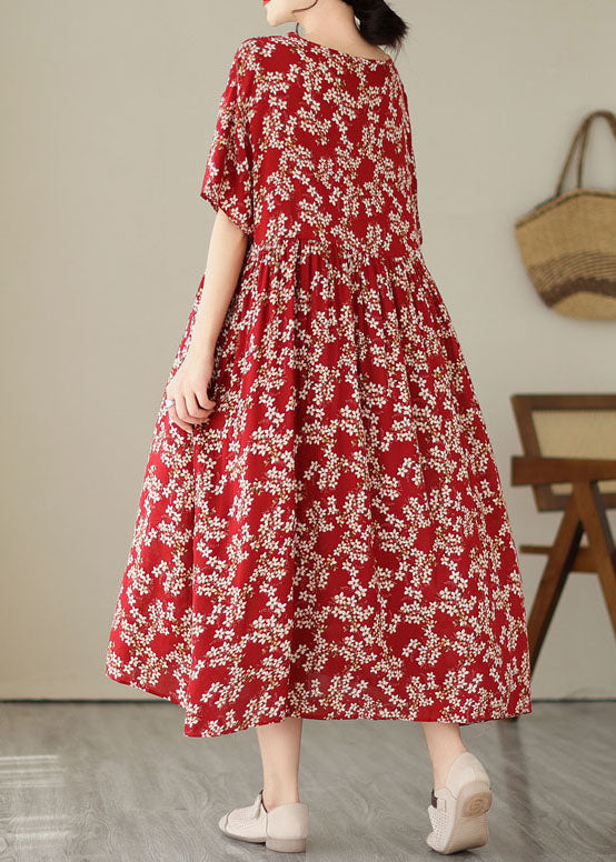 Red O Neck Print Wrinkled Patchwork Chiffon Dresses Summer