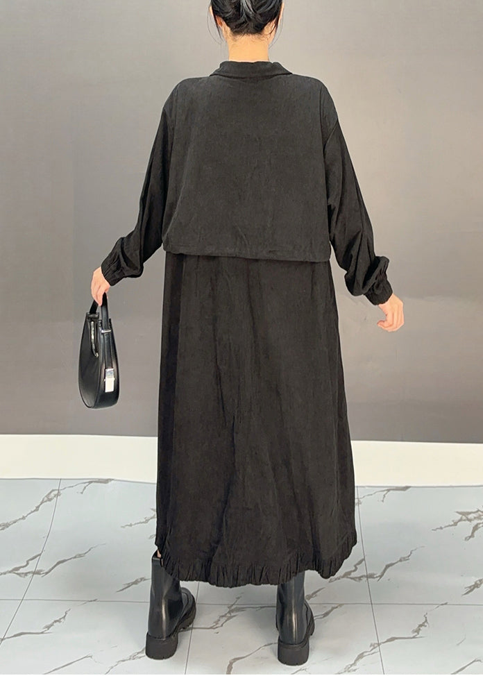 Black Peter Pan Collar Pockets Corduroy Maxi Trench Coats Winter