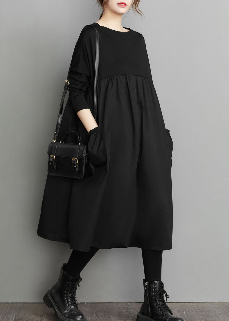 Organic Black Patchwork Wrinkled Pockets Cotton Dresses Spring
