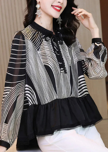 Ruffles Striped Patchwork Chiffon Shirt Tops Long Sleeve
