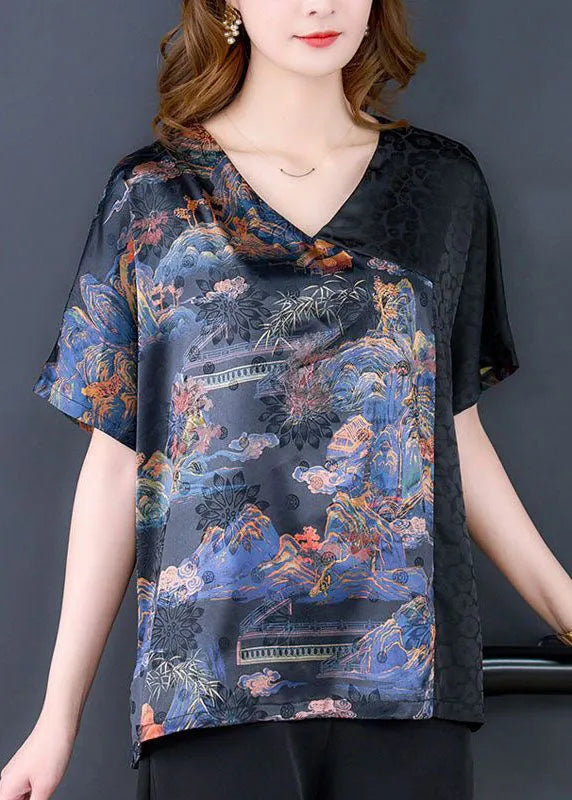 Diy Black Asymmetrical Patchwork Print Silk Shirts Short Sleeve