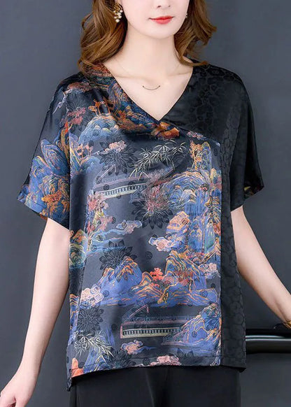 Diy Black Asymmetrical Patchwork Print Silk Shirts Short Sleeve