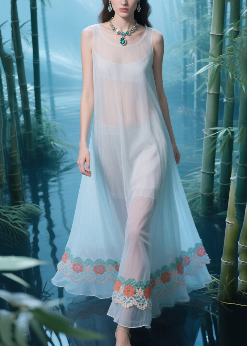 Light Blue Oversized Patchwork Tulle Sheer Dresses Summer