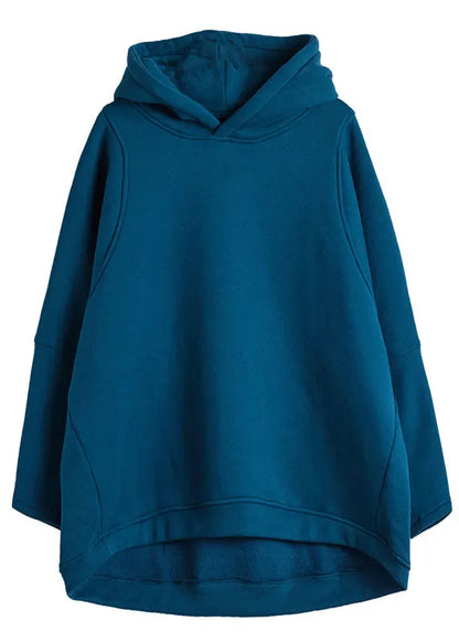 Loose Blue Hooded Warm Fleece Loose Sweatshirt Spring