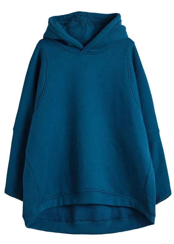 Loose Blue Hooded Warm Fleece Loose Sweatshirt Spring