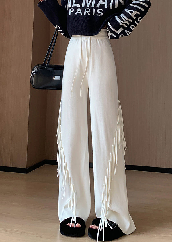 Beige Tasseled Elastic Waist Cotton Knit Pants Spring