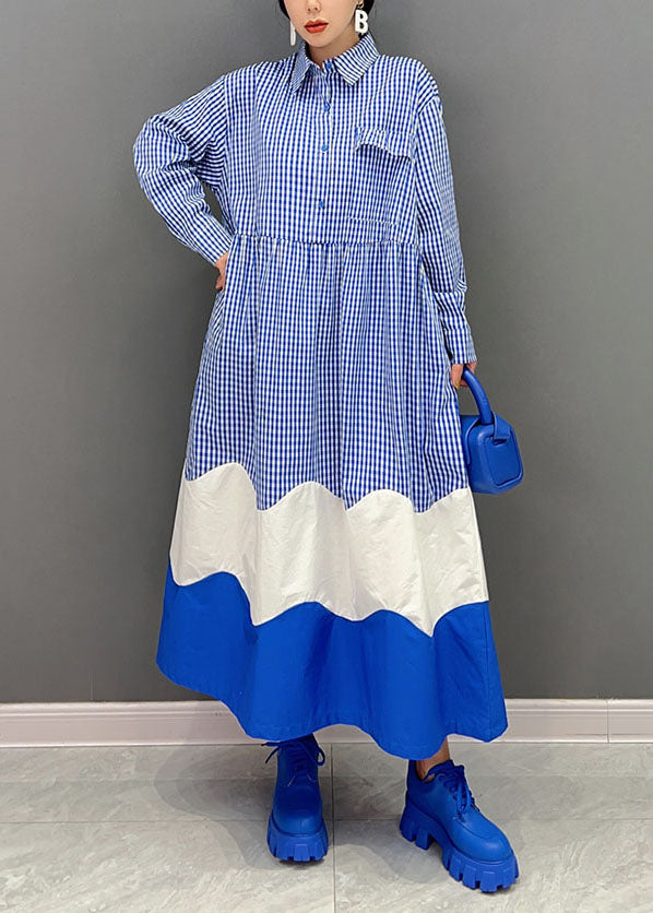 Blue Peter Pan Collar Patchwork Plaid Cotton Shirt Dresses Spring