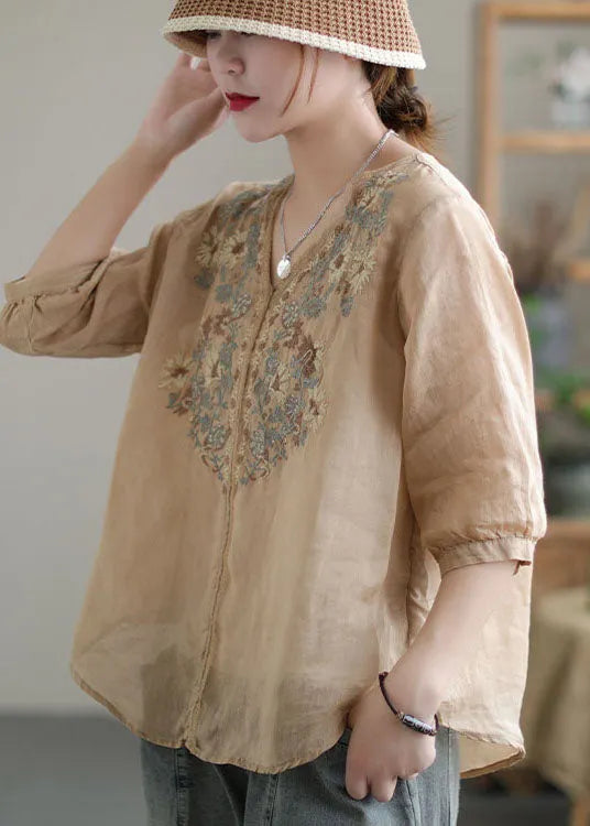 Khaki Embroideried Lace Patchwork Linen Shirt Top Half Sleeve