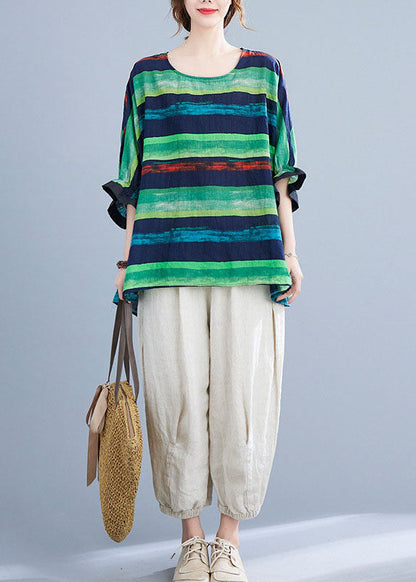 French Green O-neck Print Ruffled Fall Striped Shirt Tops Half Sleeve
