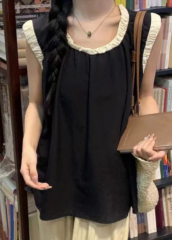 Simple Beige O Neck Patchwork Cotton Top Sleeveless