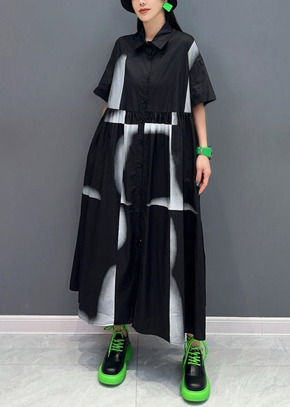Black Peter Pan Collar Patchwork Long Shirts Dresses Summer