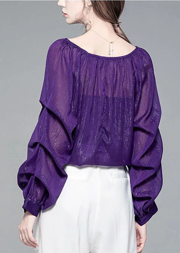 Style Purple Wrinkled Slash Neck Chiffon Tops Puff Sleeve