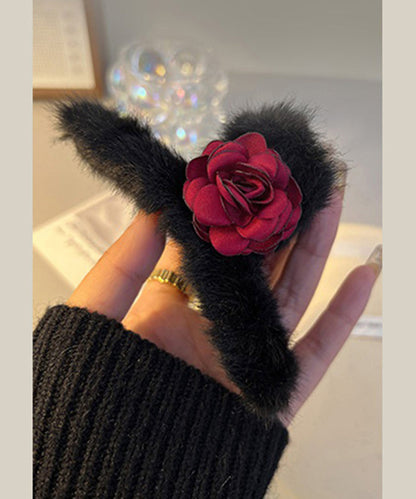 Black Fluffy Rose Shark Clamp Hairpin
