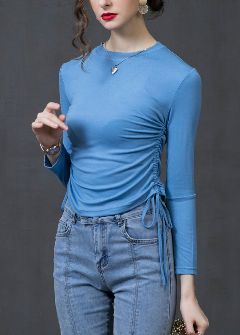 Simple Black O-neck Drawstring Wrinkled Cotton Top Spring
