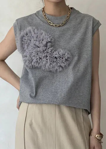 Grey Decorated Cotton Tank Tops Sleeveless