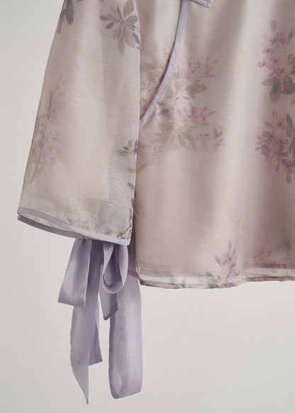 Chinese Style Purple Print Silk Oriental 2 Piece Outfit Fall
