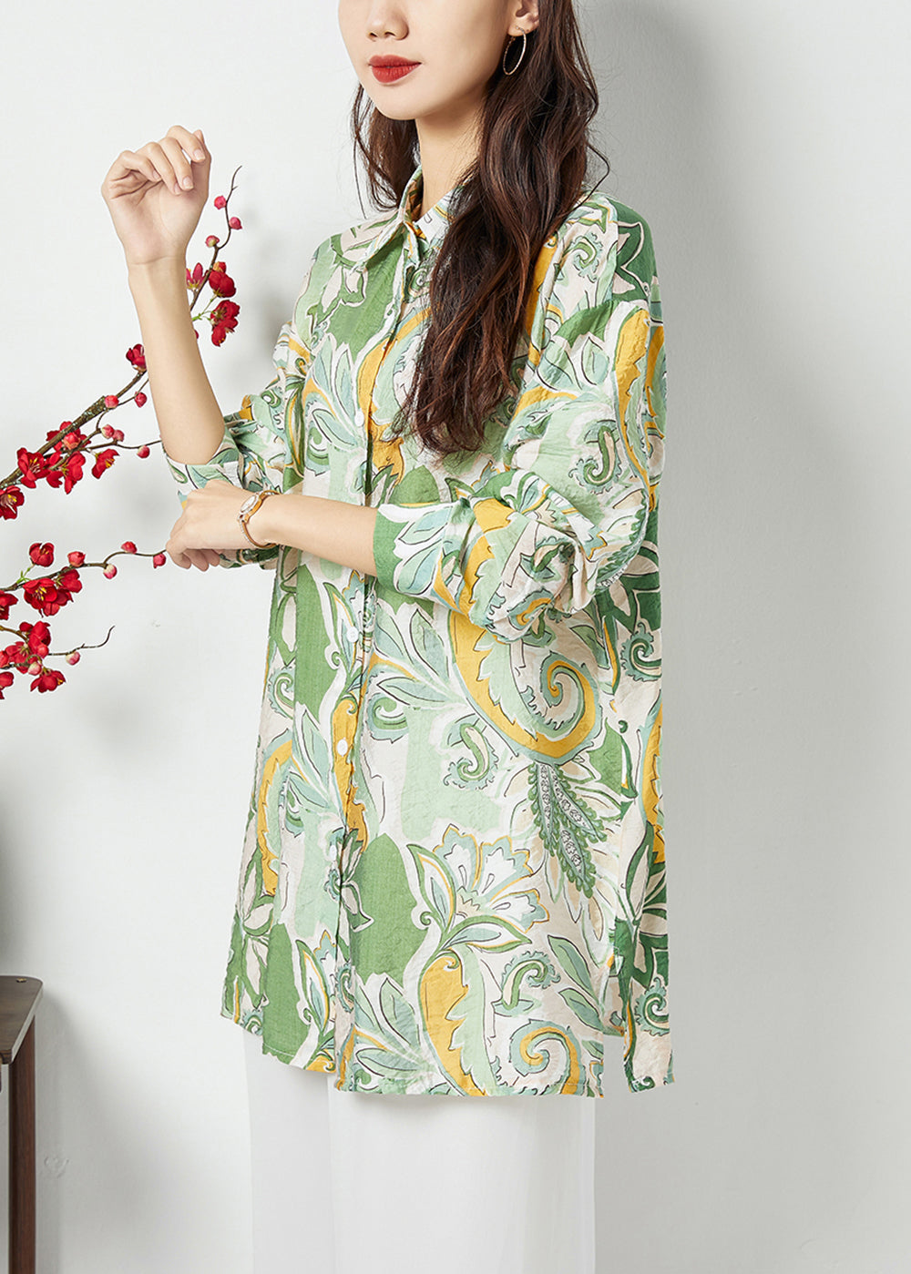 Light Green Peter Pan Collar Print Cotton Long Shirt Spring