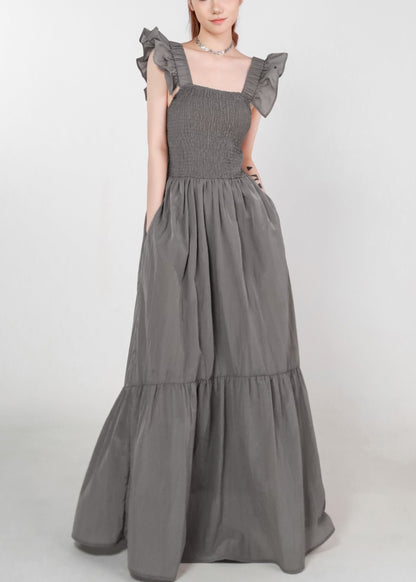 Grey Pockets High Waist Cotton Long Dress Summer