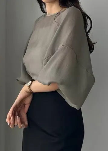 Style Grey Oversized Chiffon Sheer Tops Lantern Sleeve