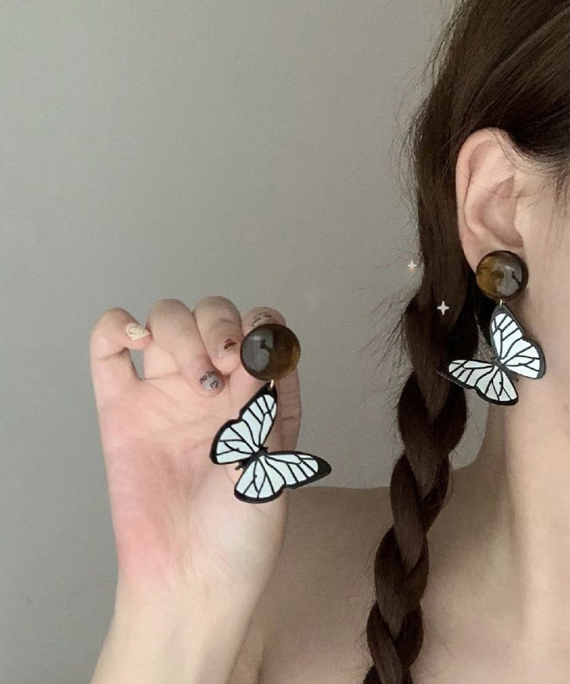 Handmade Black White Acrylic Alloy Resin Butterfly Drop Earrings