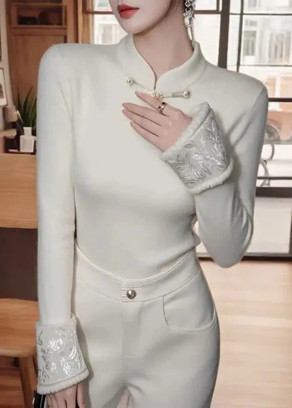 Chinese Style White Patchwork Warm Fleece Blouses Winter