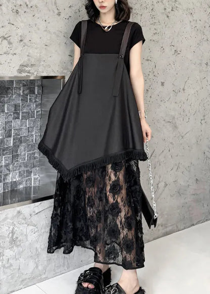 Black Ruffled Lace Patchwork Cotton Strap Dress Summer