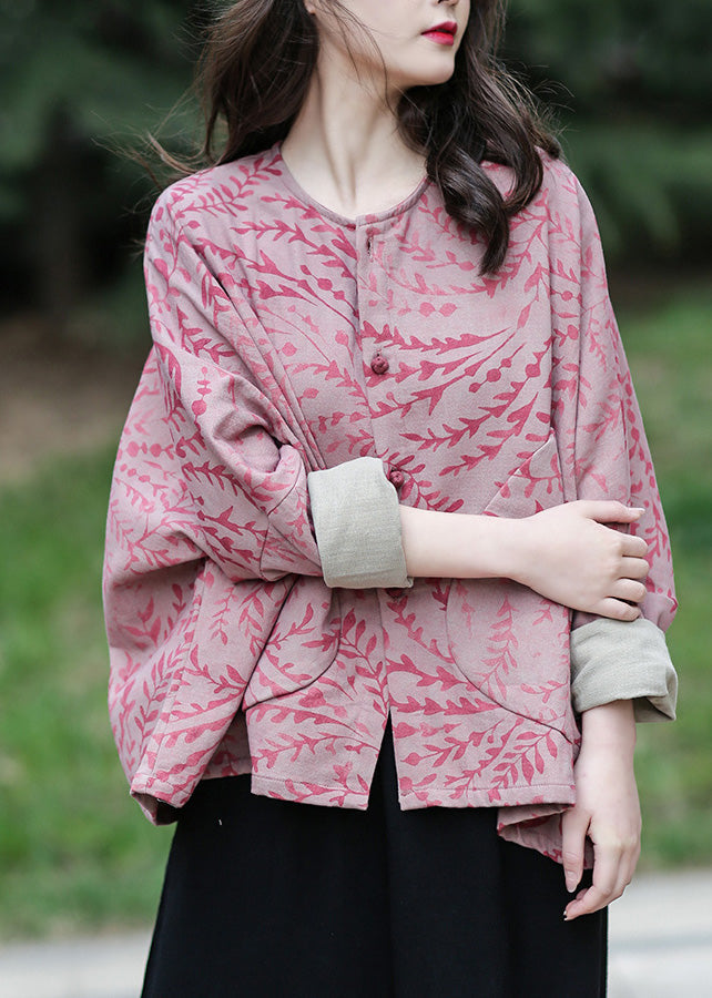 Red O-neck Print Cotton Coats Spring