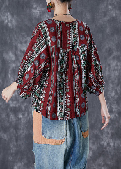 Dull Red Print Cotton Blouse Top Bracelet Sleeve