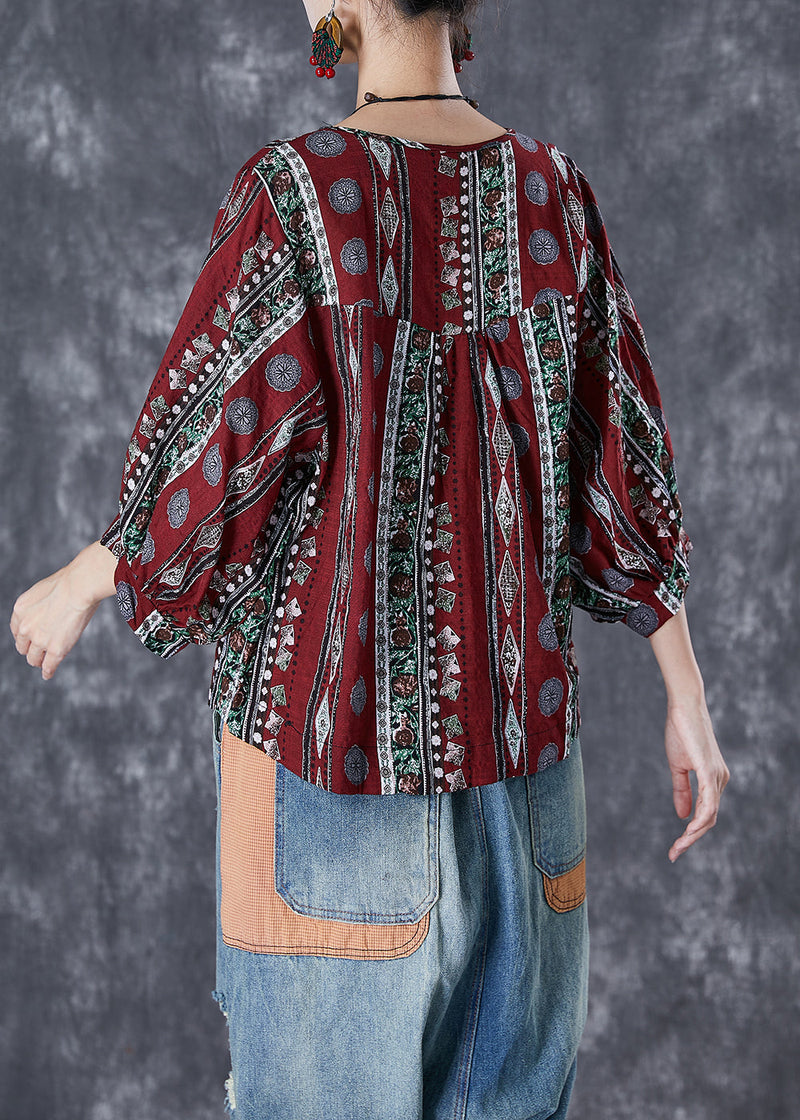 Dull Red Print Cotton Blouse Top Bracelet Sleeve