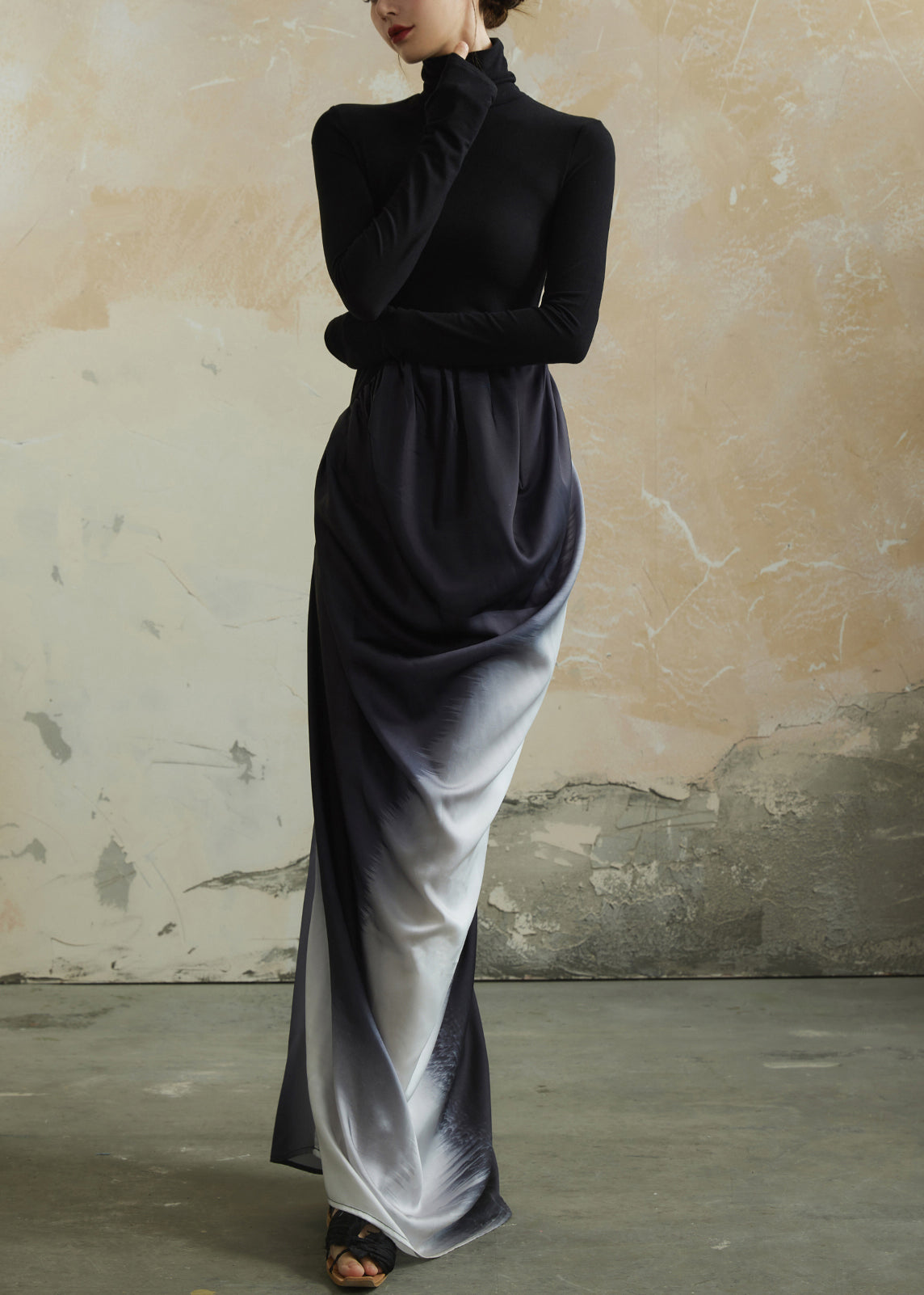 Black Hign Neck Wrinkled Patchwork Cotton Dress Fall