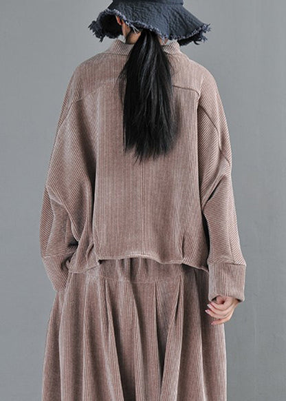 Grey Camel Turtleneck Pockets Velour Top Long Sleeve