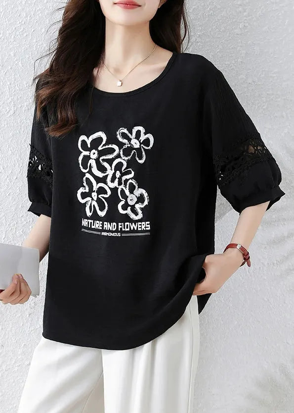 French Black Print Hollow Out Cotton T Shirt Half Sleeve