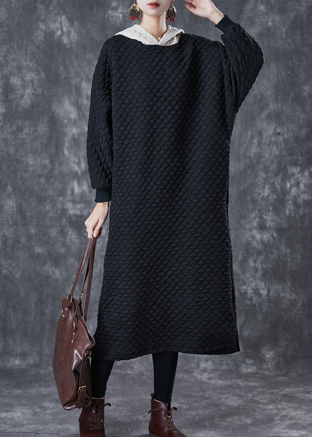 Black Hooded Patchwork Fine Cotton Filled Dress Winter