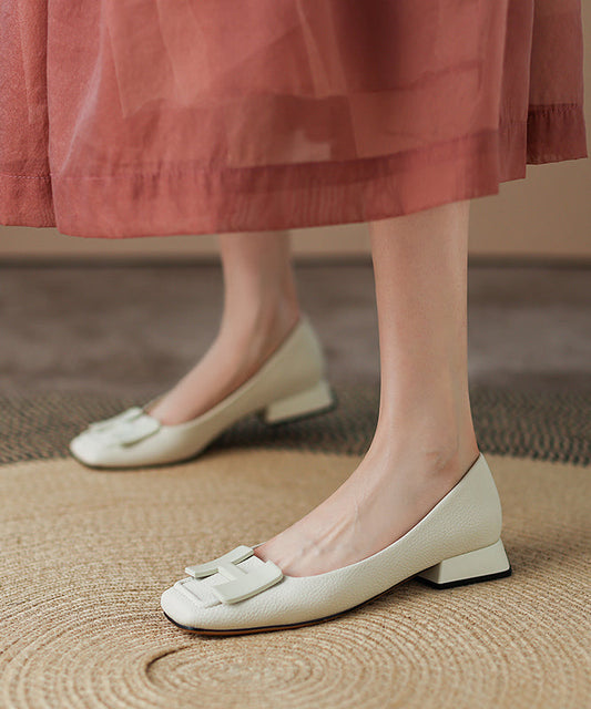 Beige Comfy Cowhide Leather Splicing Flat Shoes