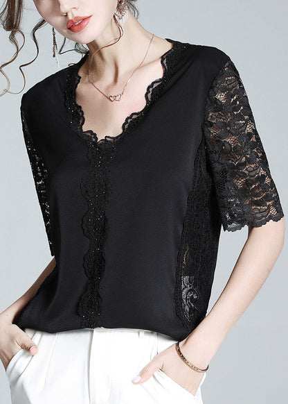 Black V Neck Lace Patchwork Top Short Sleeve Summer