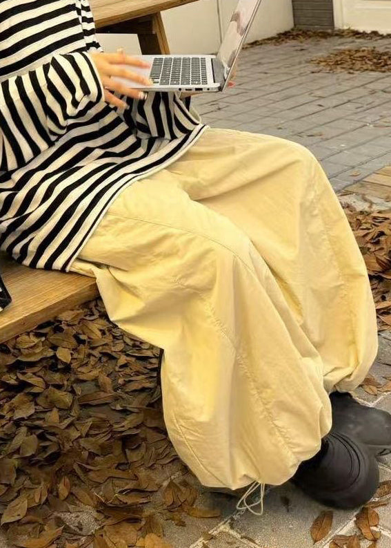 Apricot Drawstring Elastic Waist Cotton Filled Wide Leg Pants Winter