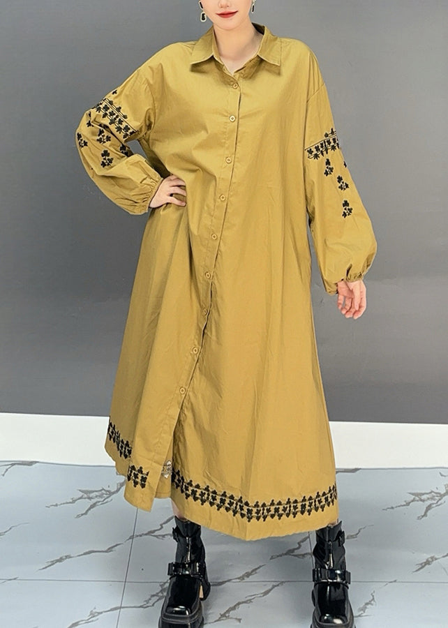 Yellow Peter Pan Collar Print Button Long Dress Spring