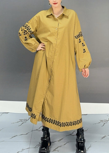 Yellow Peter Pan Collar Print Button Long Dress Spring