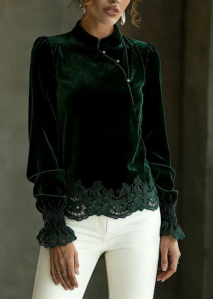 Blackish Green Hollow Out Shirts Lantern Sleeve Spring