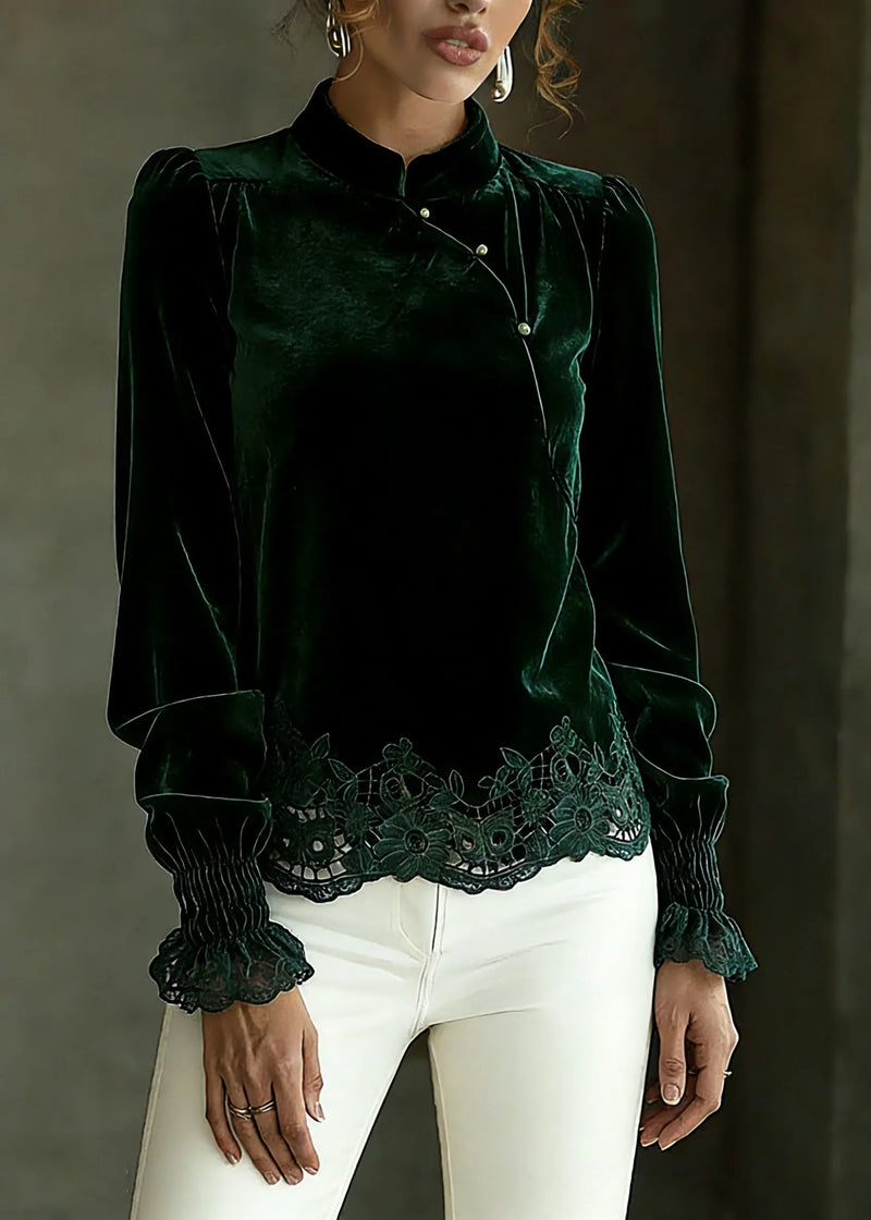 Blackish Green Hollow Out Shirts Lantern Sleeve Spring