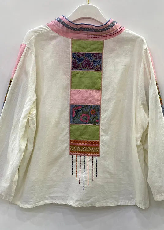 Art White V Neck Embroideried Button Linen Top Long Sleeve
