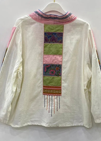Art White V Neck Embroideried Button Linen Top Long Sleeve