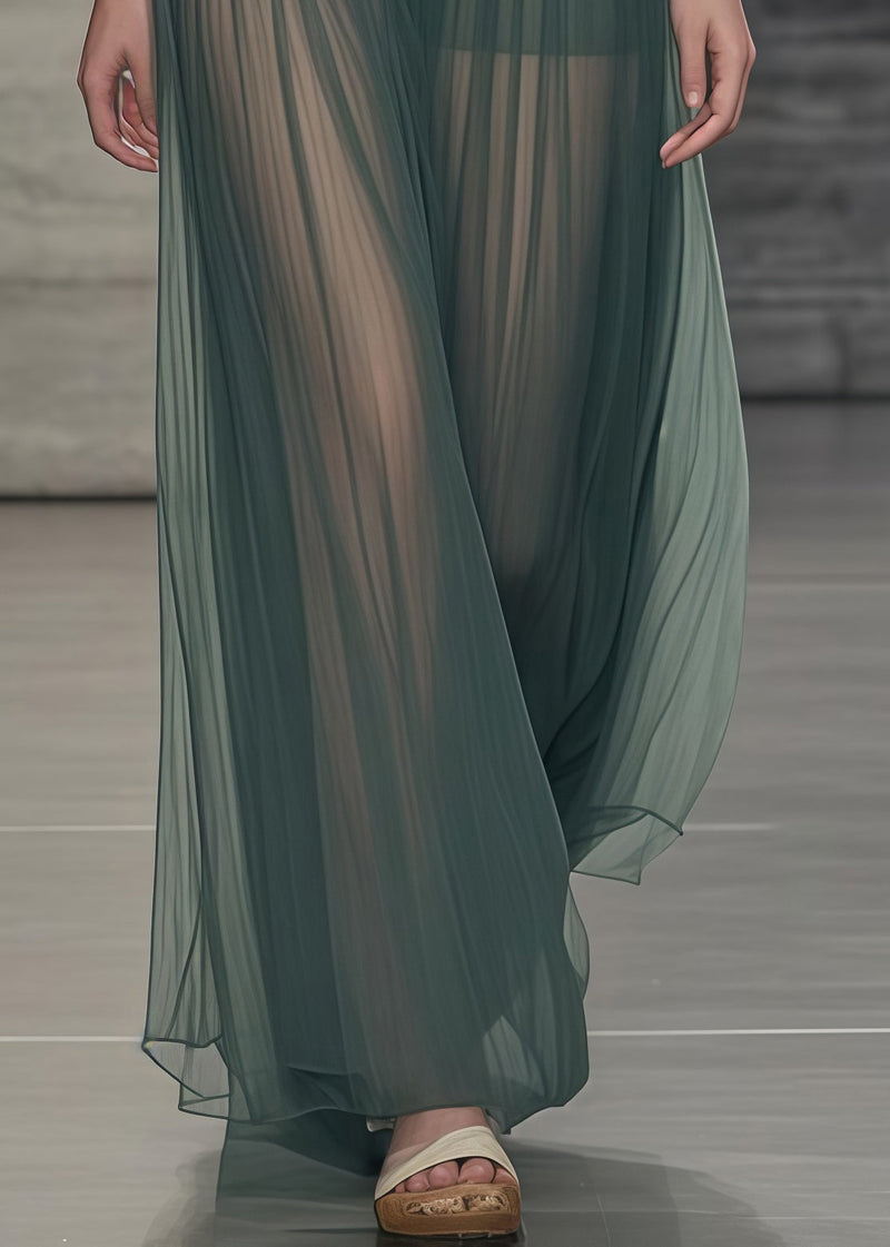 Tea Green Elastic Waist Tulle Pleated Skirts Summer